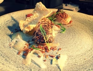 Blowtorched scallop with pickled fennel, citrus fruit & scallop cracker. Picture: Cail Bruich